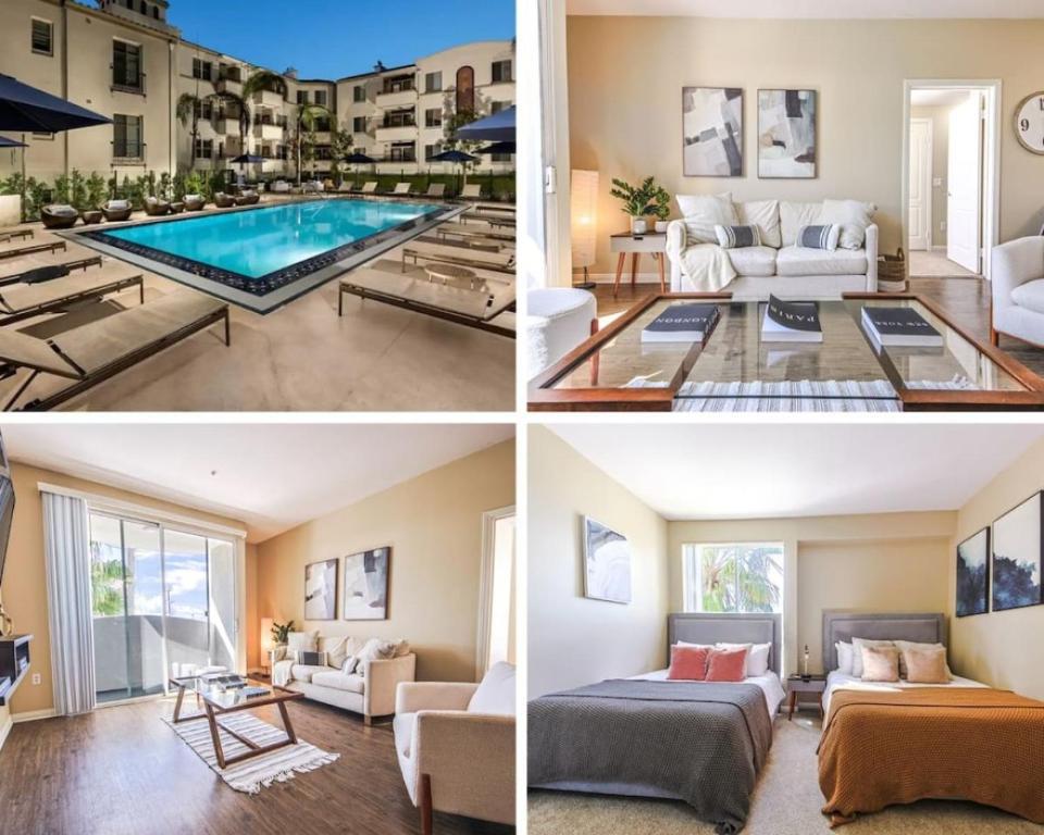 a collage of photos of a living room and a pool at Spacious 2BDR Condo near Venice Beach in Los Angeles