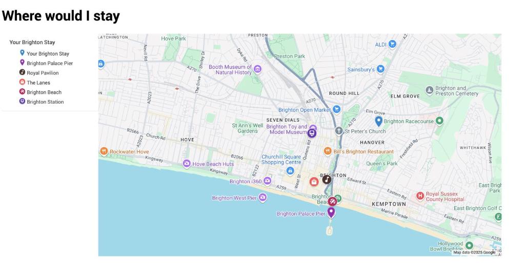 a map of a city with red and blue dots at Bright and Spacious 2BR Maisonette Sleeps 8, Game Room, 5 mins to Brighton Beach and City Centre in Brighton & Hove