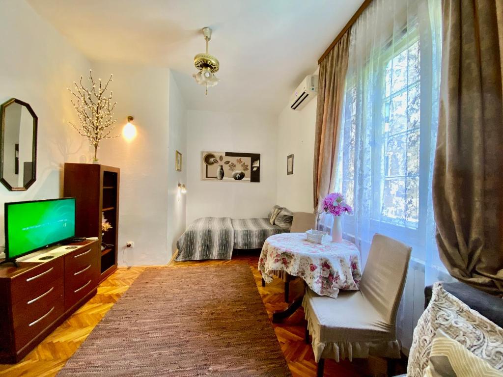 a living room with a table and a television at Apartment Rustico Belgrade in Belgrade