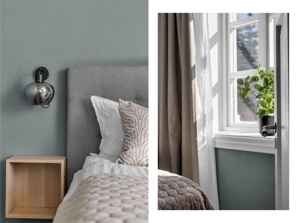 due immagini di una camera da letto con un letto e una finestra di Stylish City Apartment With Mountain View a Tromsø