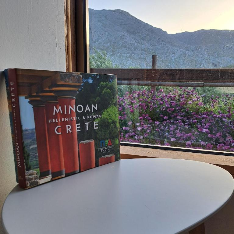 a pile of books sitting on a table next to a window at Wooden House at the Mountain-private in Paránimfoi