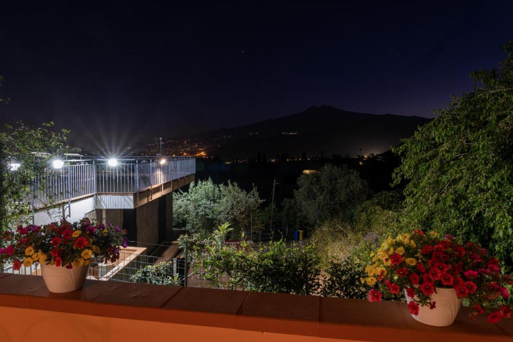 a view from a balcony at night with flowers at Quirin's Apartments in Taormina