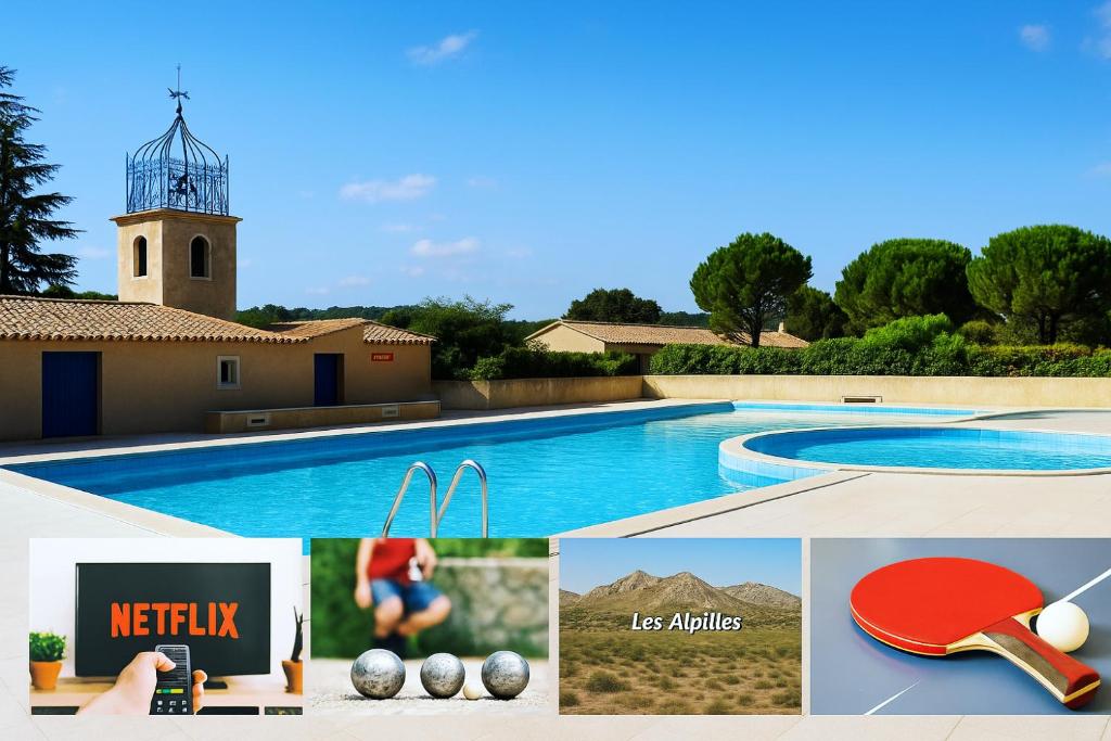 a collage of pictures of a swimming pool and a tower at Le Jardin des Alpilles in Eyguières