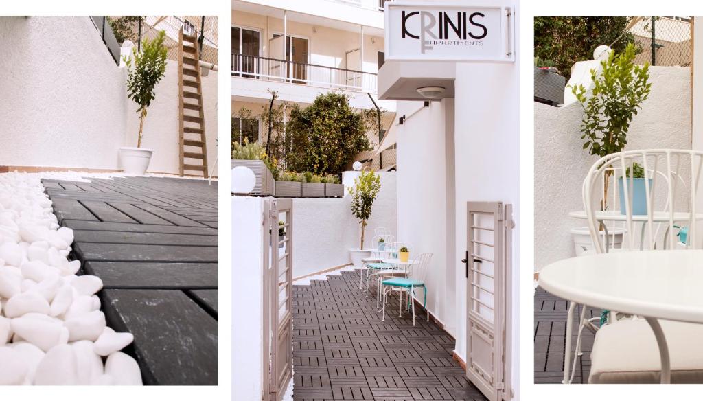 two images of a building with a table and chairs at Krinis Apartments in Rhodes Town