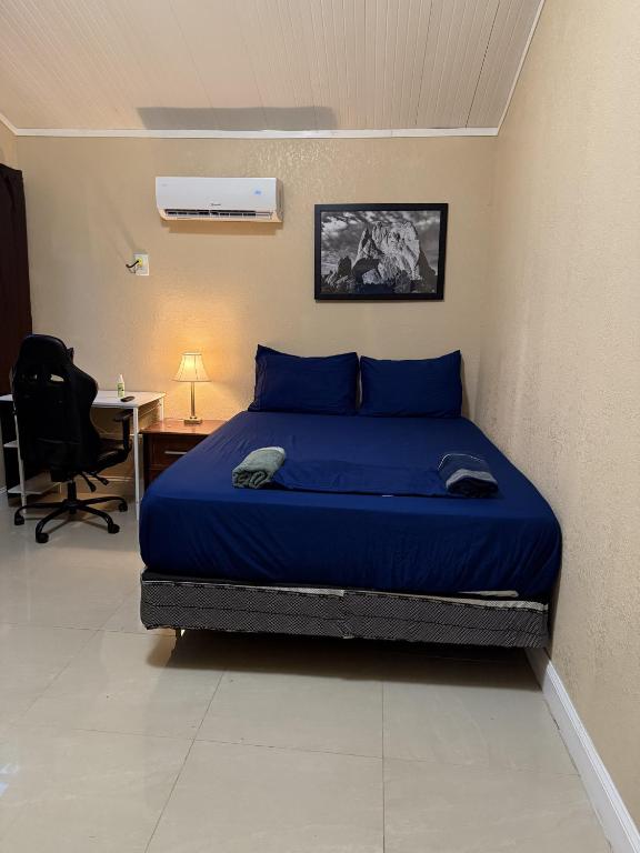 a bedroom with a blue bed and a desk at Tutul House in Tampa