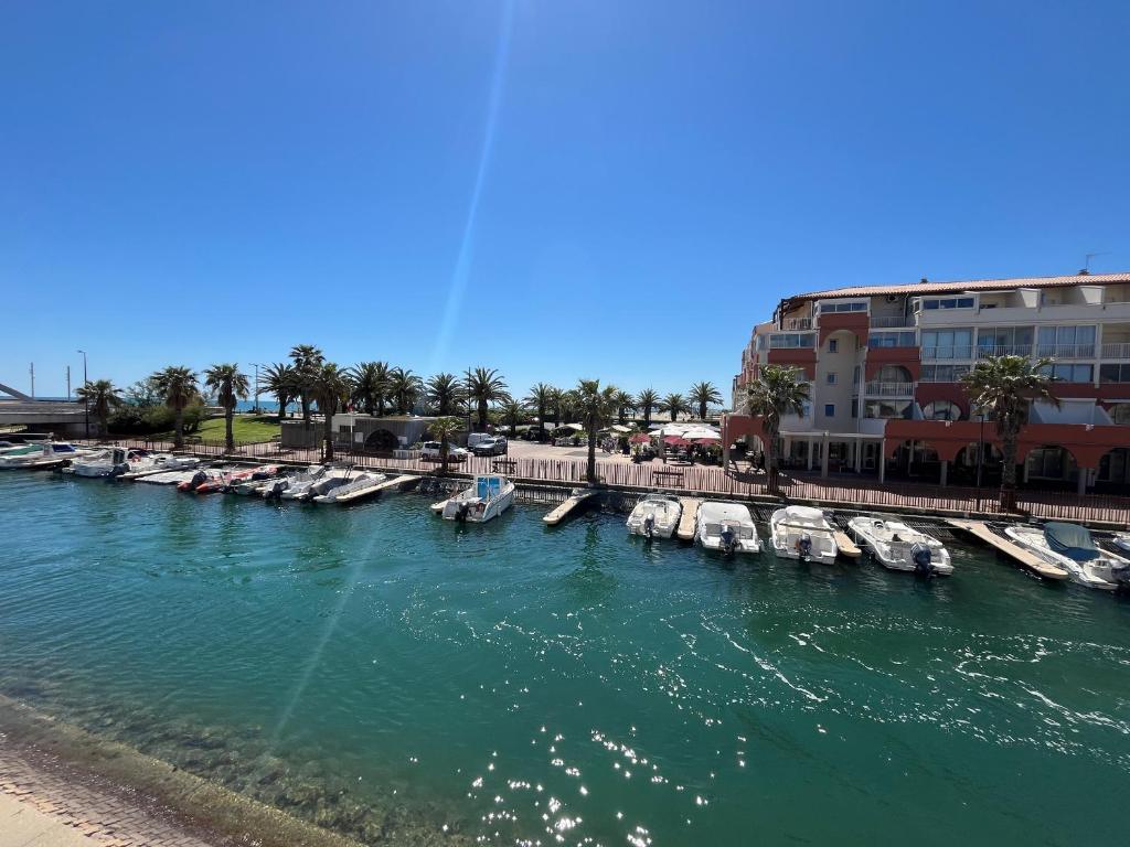 un groupe de bateaux amarrés dans une rivière avec des bâtiments dans l'établissement Deux pièces avec vue sur canal et parking privé à Sète - FR-1-338-616, à Sète