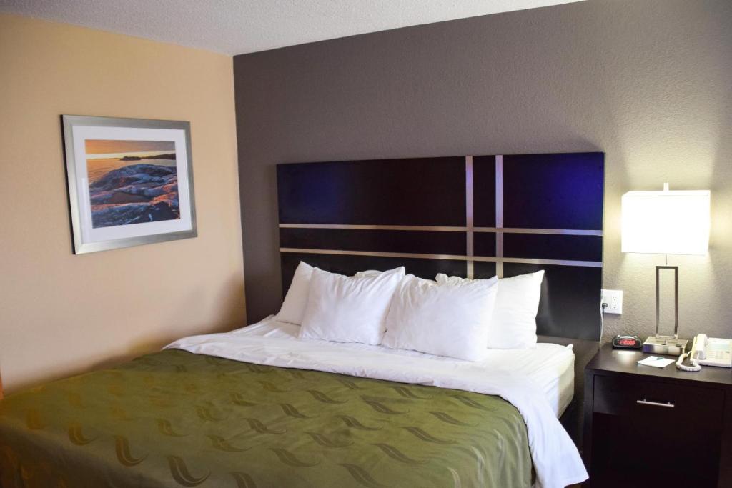 a hotel room with a large bed with white pillows at Quality Inn in Bracebridge