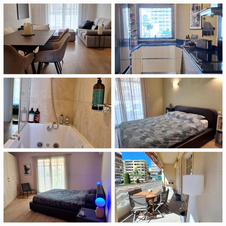 un collage de quatre photos d'une pièce dans l'établissement Spacieux et lumineux 2 chambres terrasse, au Cannet