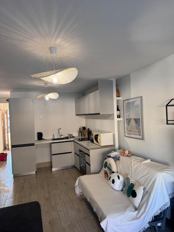 une pièce avec une cuisine et un lit avec des animaux en peluche dessus dans l'établissement Azur évasion, à Sainte-Maxime