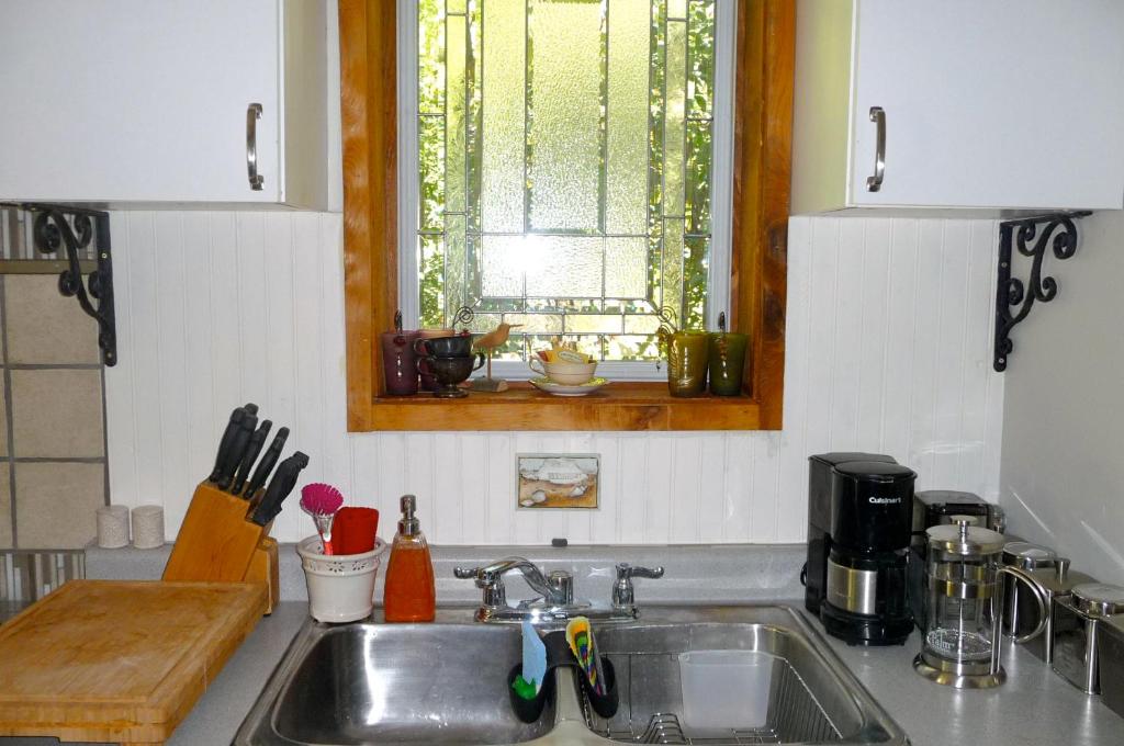 a kitchen counter with a sink and a window at Magnolia Petal in Ganges