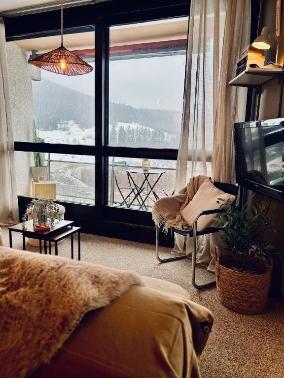 un salon avec une grande fenêtre avec vue dans l'établissement 2 pièces ensoleillé vue montagne pied des pistes, à Villard-de-Lans