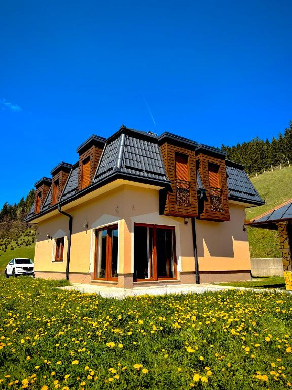 a house with solar panels on it in a field at Luxury Villa Kadic in Bjelašnica