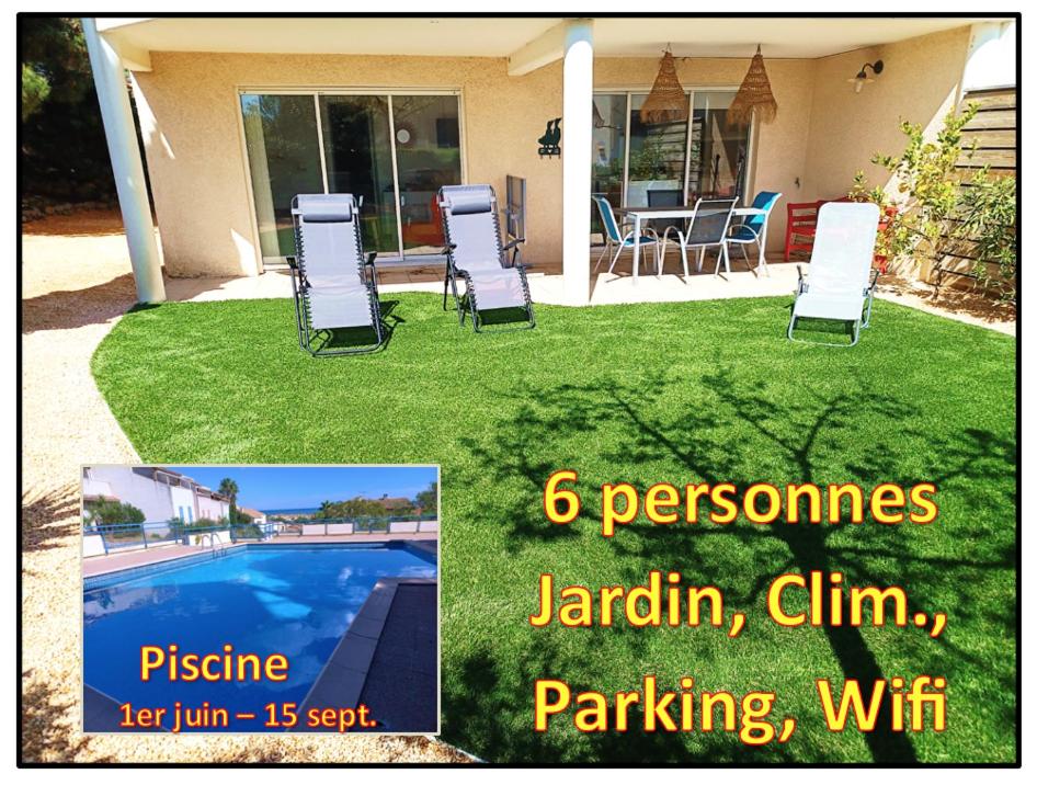 une photo d'une cour avec des chaises et une piscine dans l'établissement Plain-pied Jardin 6 personnes Clim Vue Mer Parking Wifi Terrasse Piscine dans la résidence, à Saint Pierre La Mer