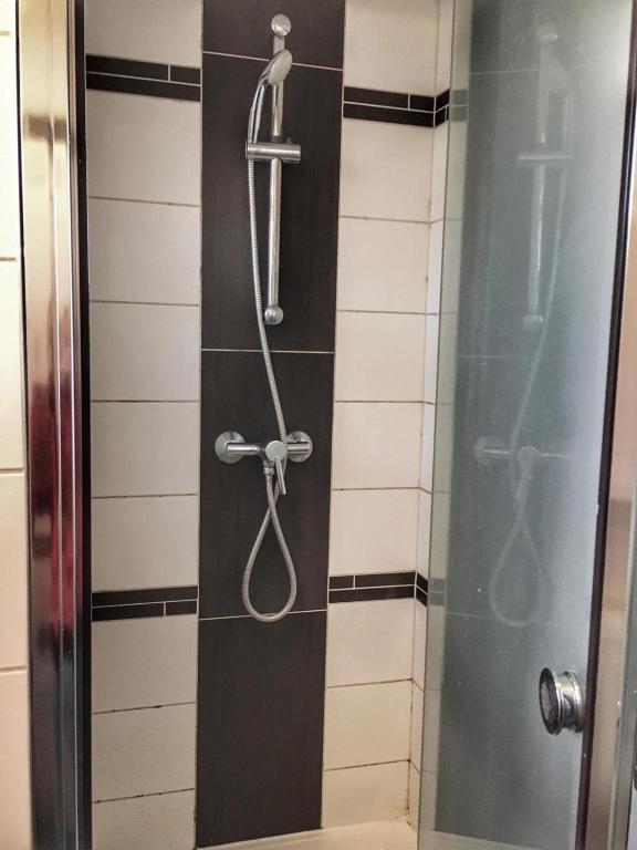 prysznic z drzwiami szklanymi z wieszakiem i mieczem w obiekcie Jázmin Apartmanok w mieście Mórahalom