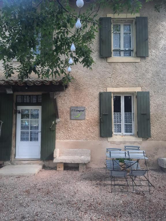 - un bâtiment avec un banc, une table et des chaises dans l'établissement l'Estagnol, à Ansouis