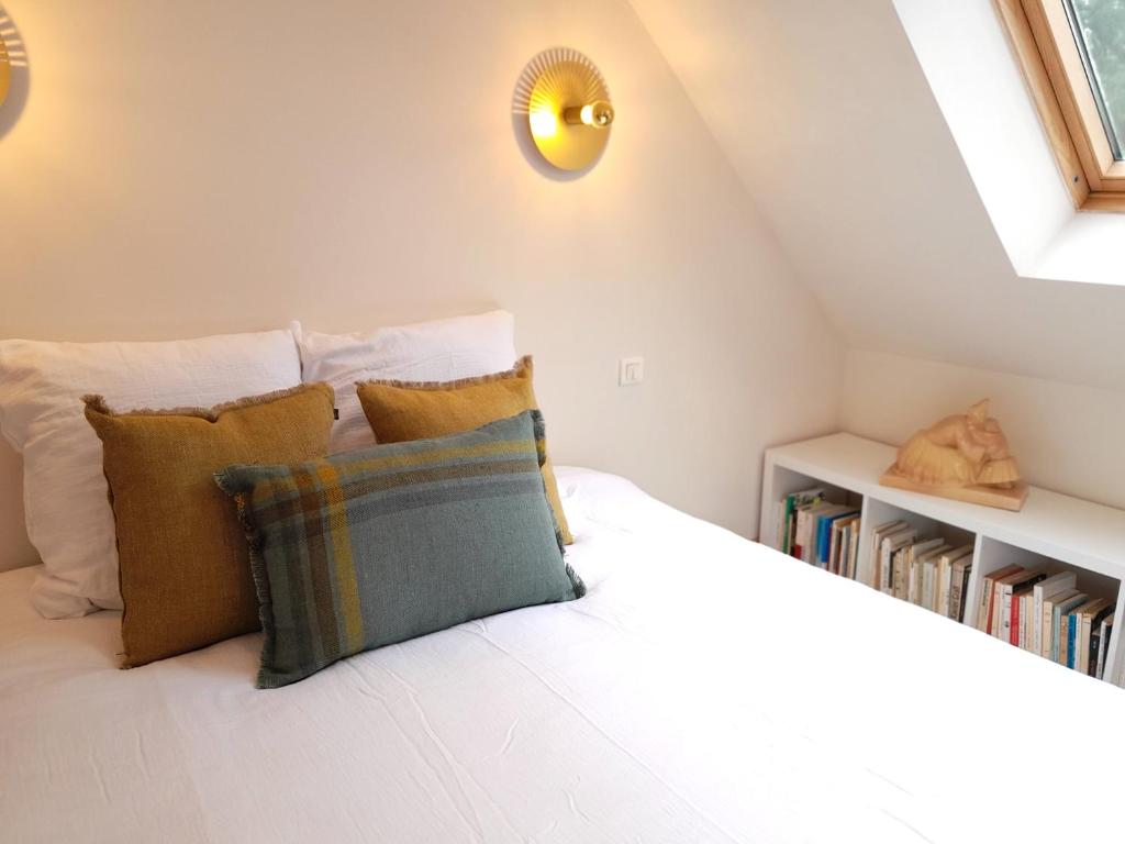 - une chambre avec un lit doté d'oreillers et d'une étagère à livres dans l'établissement Moulin Caro, à Rosnoën