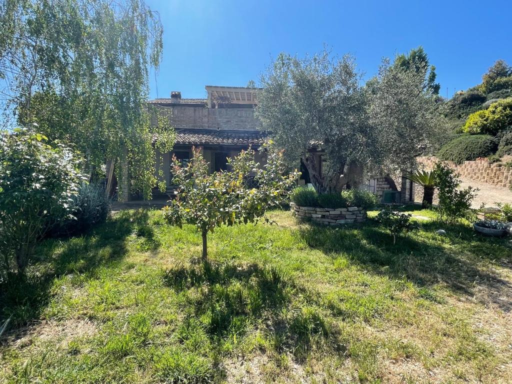 a garden with trees and a building in the background at Casa Vuscichè - Stanza di Artemisia in Roseto degli Abruzzi