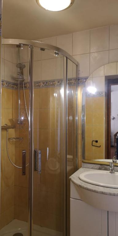 une salle de bain avec douche et lavabo dans l'établissement Le gîte le bastillaume, à La Celle-sous-Gouzon