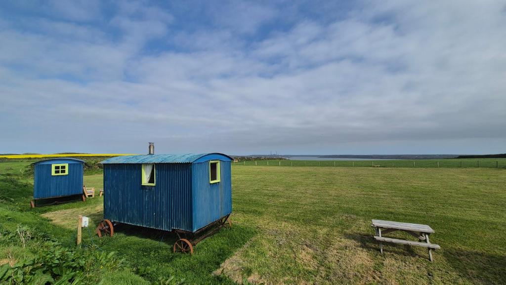 two tiny houses sitting in a field with a bench at Coast Path Camping in Saint Ishmaels