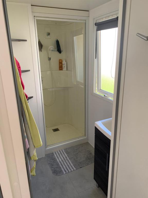 une salle de bain avec douche et lavabo dans l'établissement Bungalow, à Lattes