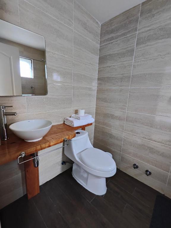 un bagno con un water bianco e un lavandino di Hostal Casa Arrayán a Coihaique