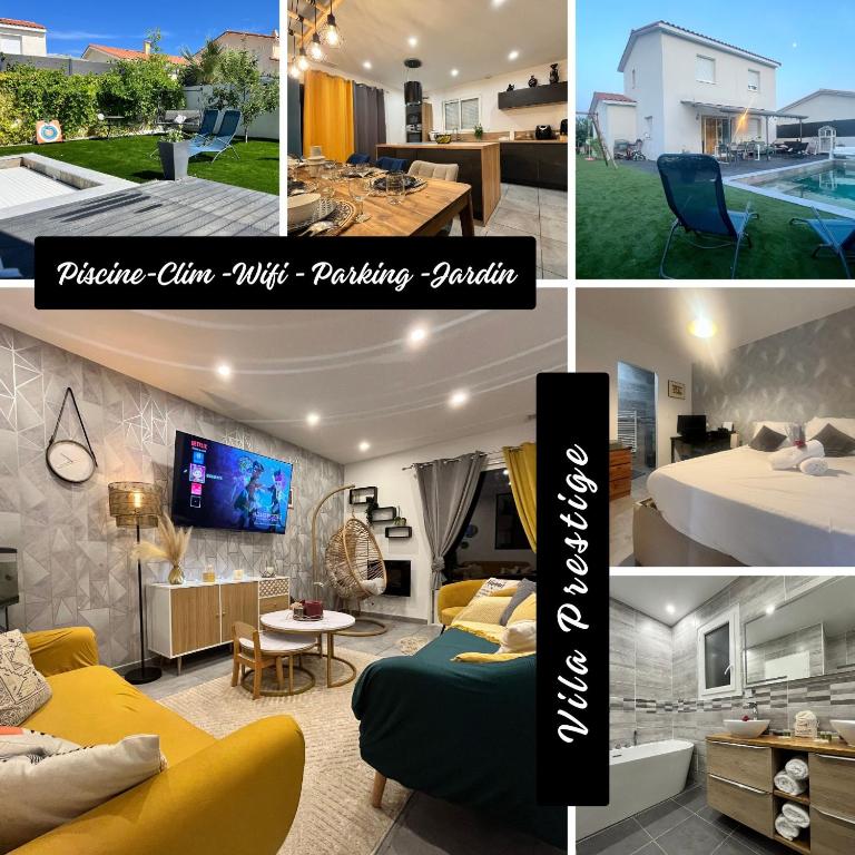 un collage de photos d'un salon et d'une maison dans l'établissement Villa familiale avec piscine, jardin,Cosy & calme, à Cournonterral
