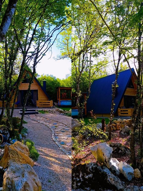 two images of a house and a yard with rocks at Woodland Paradise Two charming wooden houses in the stone in Ljubuški