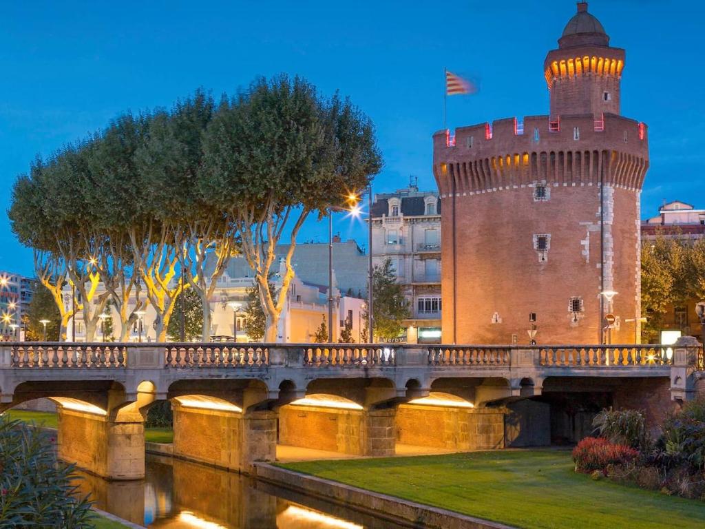 un château avec un pont sur une rivière dans l'établissement My appartement Perpignan 50m2, à Perpignan