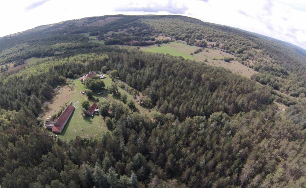 an aerial view of a house on a hill with trees at la métairie haute in Marcilhac-sur-Célé