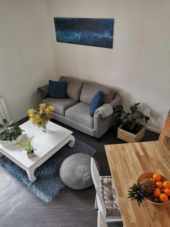 un salon avec un canapé et une table dans l'établissement Charming apartment in Bordeaux, 2 steps from the train station, à Bordeaux