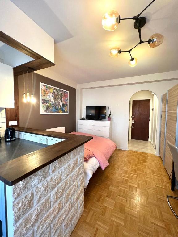 une cuisine avec un bar avec un lit rose dans l'établissement Superbe studio au centre de Nice, à Nice