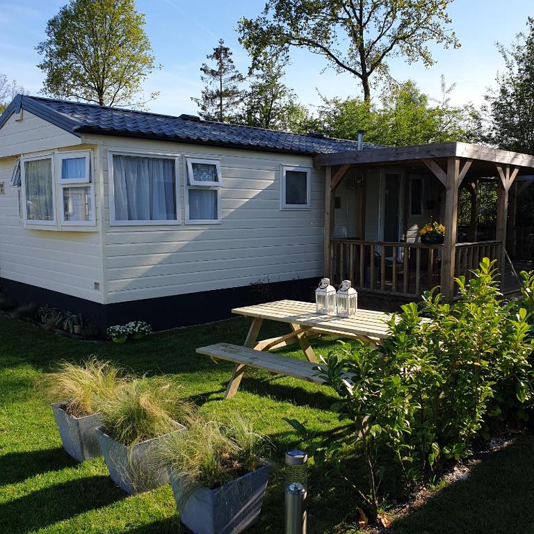 a tiny house with a picnic table in the yard at Olm29 Vakantiewoning in het Drents Friese Wold vlakbij Diever Zwembad, Animatie, Restaurant, Wandelen, Natuur in Oude Willem