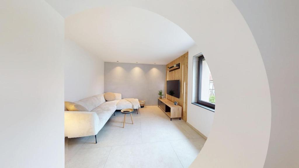 a living room with a couch and a tv at Mon petit chez soi en Alsace in Rountzenheim