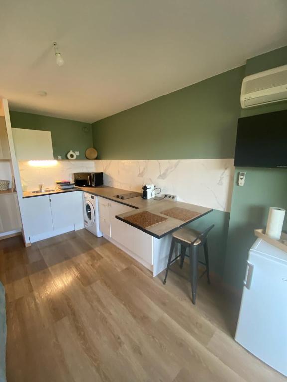 une cuisine avec des murs verts, une table et un comptoir dans l'établissement Le Zen studio rénové, à Balaruc-les-Bains