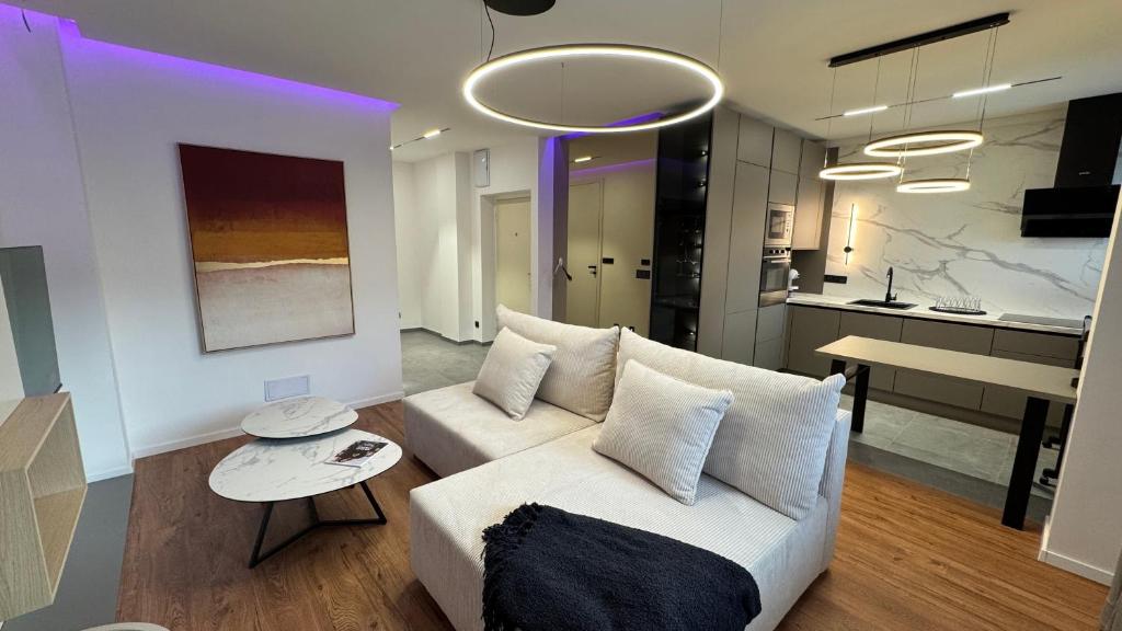 帕尔杜比采Moderní Hi-Tech apartmán v centru Pardubic - Wi-Fi, Netflix, projektor的带白色沙发的客厅和厨房
