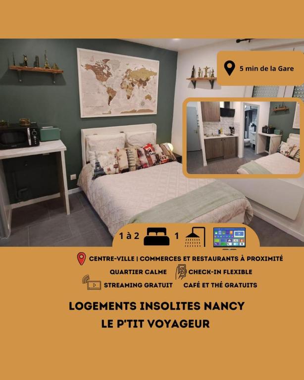 - un lit à baldaquin et un miroir dans l'établissement Le Petit Voyageur 5 min de la Gare & Nancy Thermal Logements Insolites Nancy, à Nancy