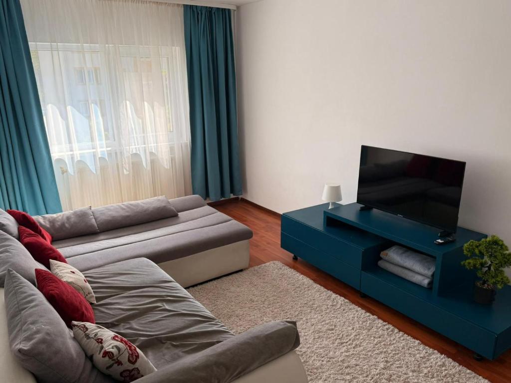 Una sala de estar con un sofá y un televisor de pantalla plana. en Darko Residence, en Timisoara