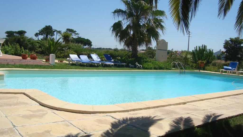 una grande piscina con sedie blu e palme di Monte Novo da Longueira Turismo Rural a Longueira