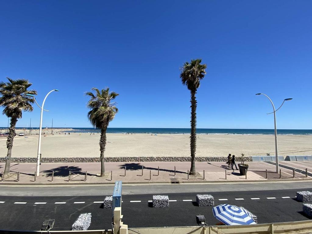 - une vue sur une plage bordée de palmiers et une route dans l'établissement Appartement 3 pièces, proche plage, parking - FR-1-750-94, à Canet