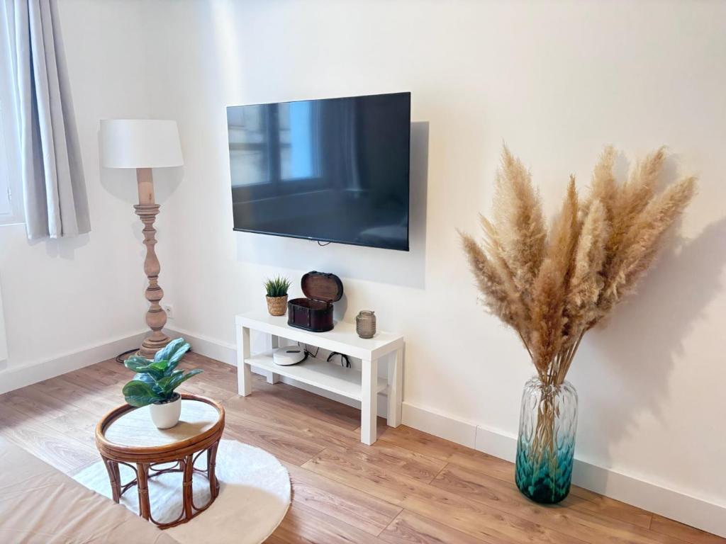 a living room with a tv and a vase on the wall at SYLOU - Centre historique, 4 personnes, Climatisation, Netflix, Comédie, Tramway, Gare in Montpellier