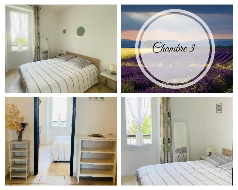 a collage of pictures of a bedroom with two beds at Le cocon familial in Digne-les-Bains