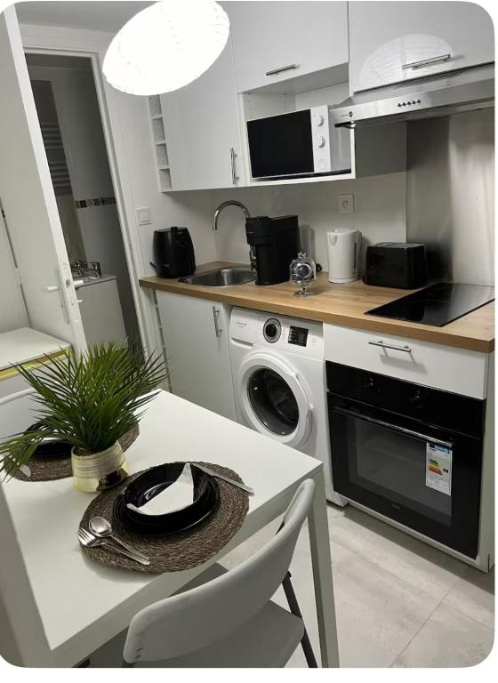 une cuisine avec une table et une machine à laver dans l'établissement Île des Caraïbes, à Paris