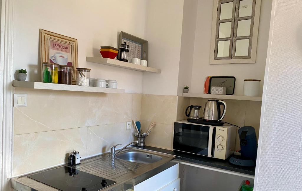 una cocina con fregadero y microondas en Studio tout confort proche Gare RER D, en Goussainville
