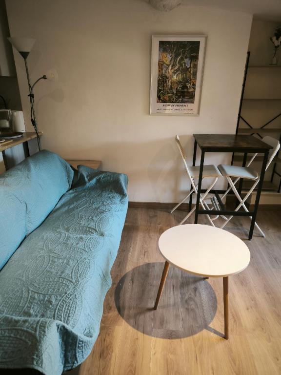 un salon avec un lit et une table dans l'établissement Le Nid plein centre, à Salon-de-Provence