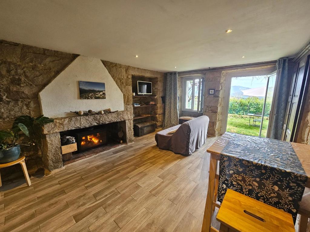 un soggiorno con camino e divano di Appartement vue imprenable montagne a Serra-di-Scopamene