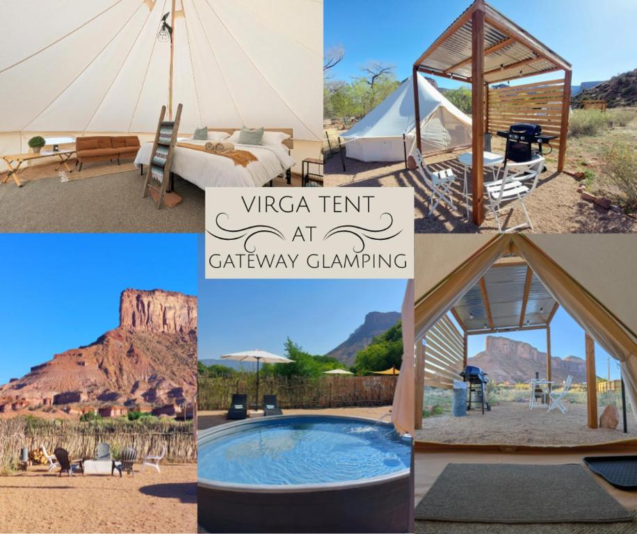 a collage of pictures of a tent at gateway climbing at Gateway Glamping in Gateway