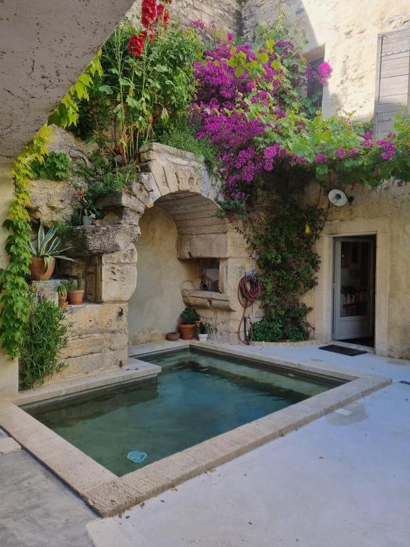 - une piscine dans un bâtiment orné de fleurs et de plantes dans l'établissement Charmante maison de village, à Boulbon