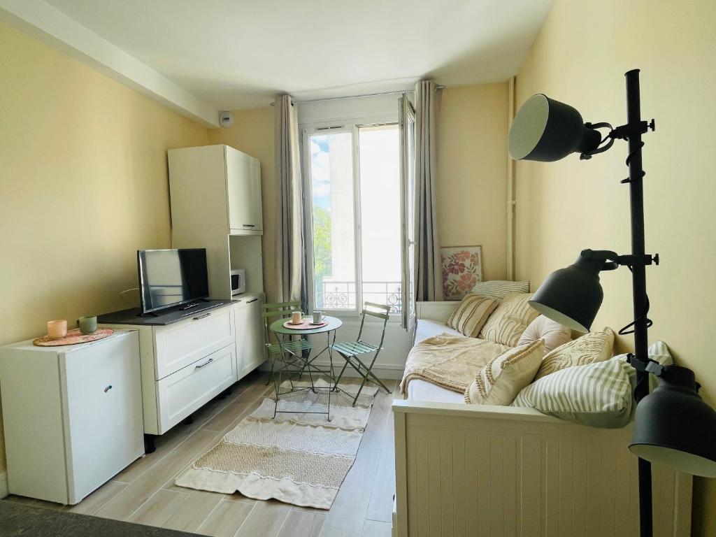 un salon avec un canapé et une télévision dans l'établissement Cozy renovated studio, à Montrouge