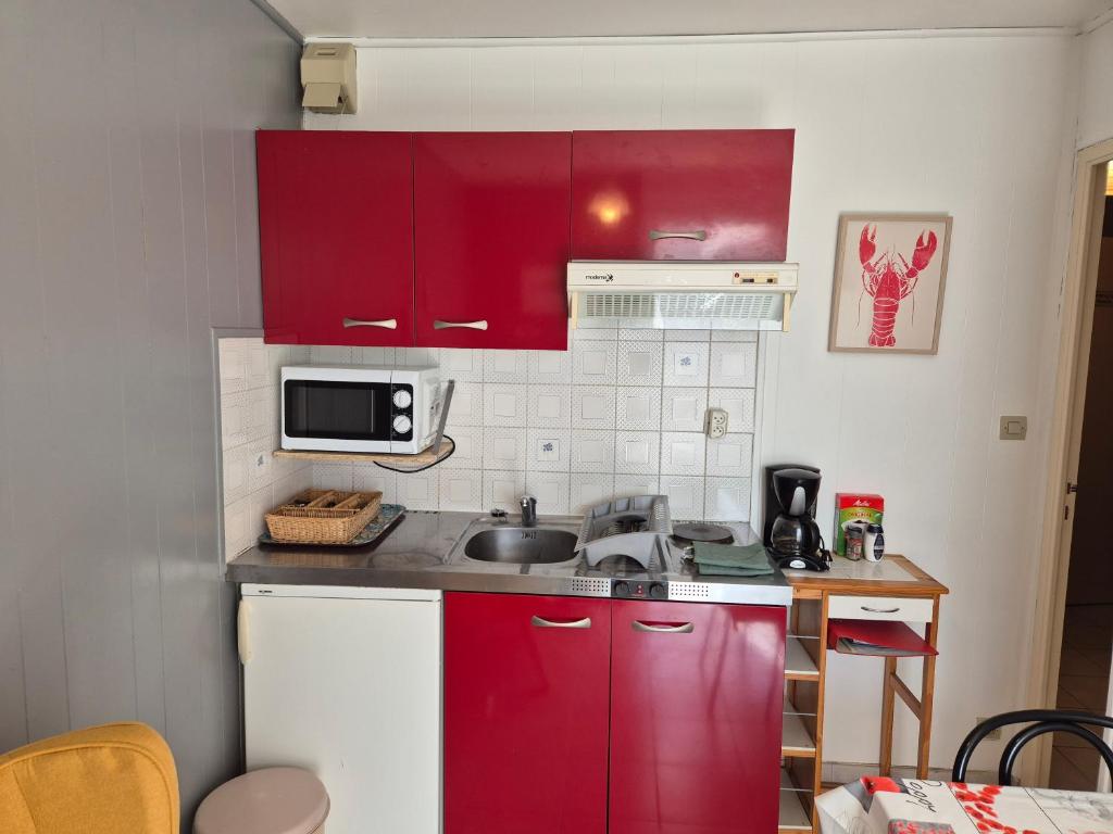 une cuisine avec des armoires rouges et un évier dans l'établissement Magnolia, à Perros-Guirec