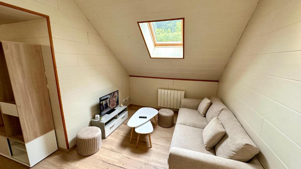 Elle comprend un petit salon doté d'un canapé et d'une télévision. dans l'établissement Le Mb 9 Le Mont Dore 8 pers, à Le Mont-Dore